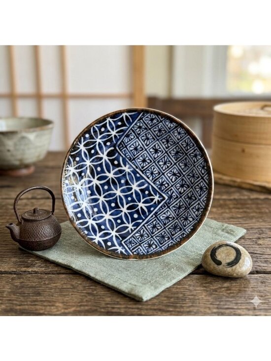 Shōhō Kiln Other - Vintage Arita Yaki Shoho Blue White 5" Plate Geometric Shippo Hanabishi Japan